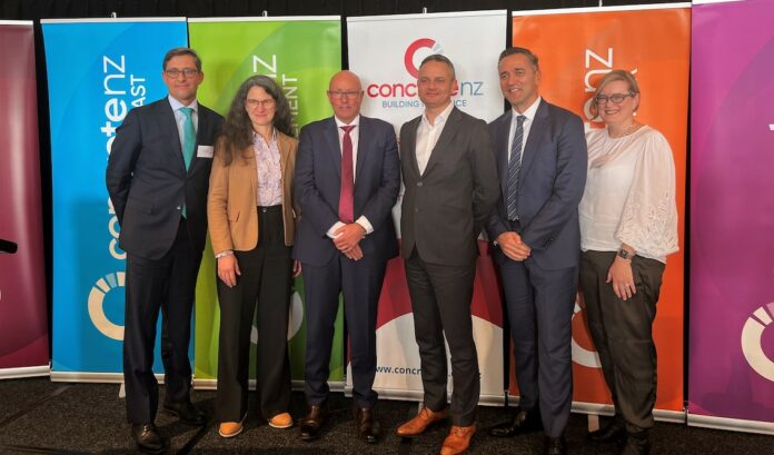 From left: Nick Traber (Fletcher Building concrete chief executive), Barbara Nebel (thinkstep-anz chief executive), Rob Gaimster (Concrete NZ chief executive), James Shaw (Minister for Climate Change), George Agriogiannis (Holcim Australia & New Zealand chief executive) and Jennifer Taylor (Construction Sector Accord transformation lead — environment).