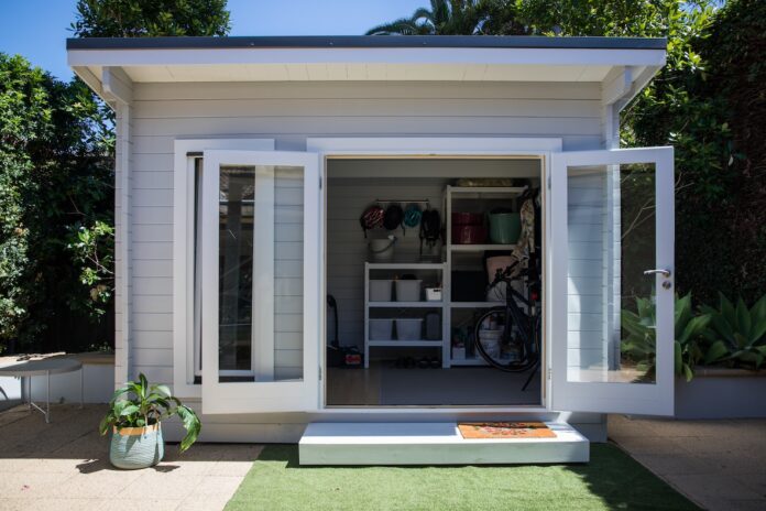 Modern hampton white grey backyard storage garden shed bike clean organise clever tidy tiny house